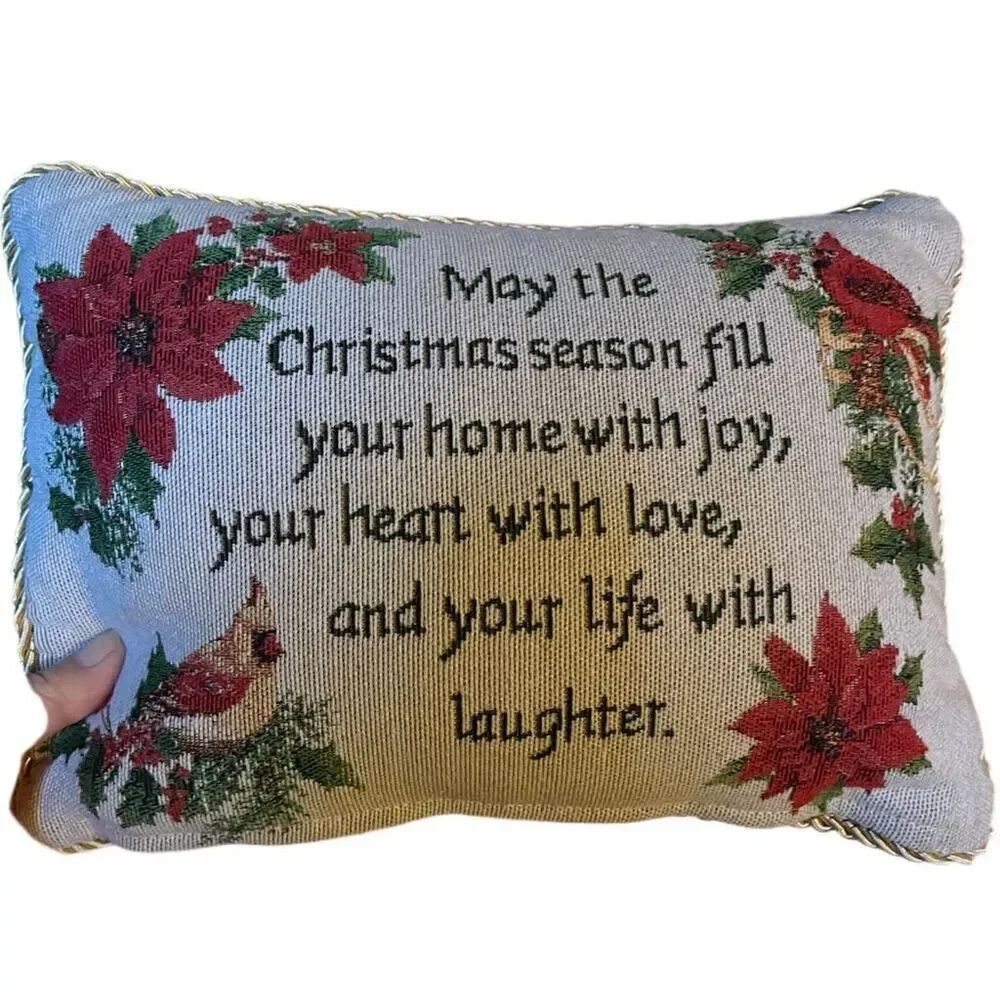 Small tapestry Christmas pillow Poinsettia graphic